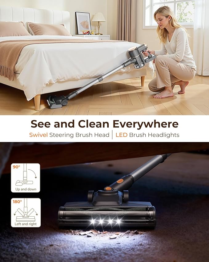 N8 Cordless Vacuum Cleaner,Lightweight Stick Vacuum with Powerful Suction,2200mAh Battery, 40 Mins Runtime,Self-Standing,Rechargeable Vacuum Cleaners for Home Hardwood Floor Carpet Pet Hair (Honey)