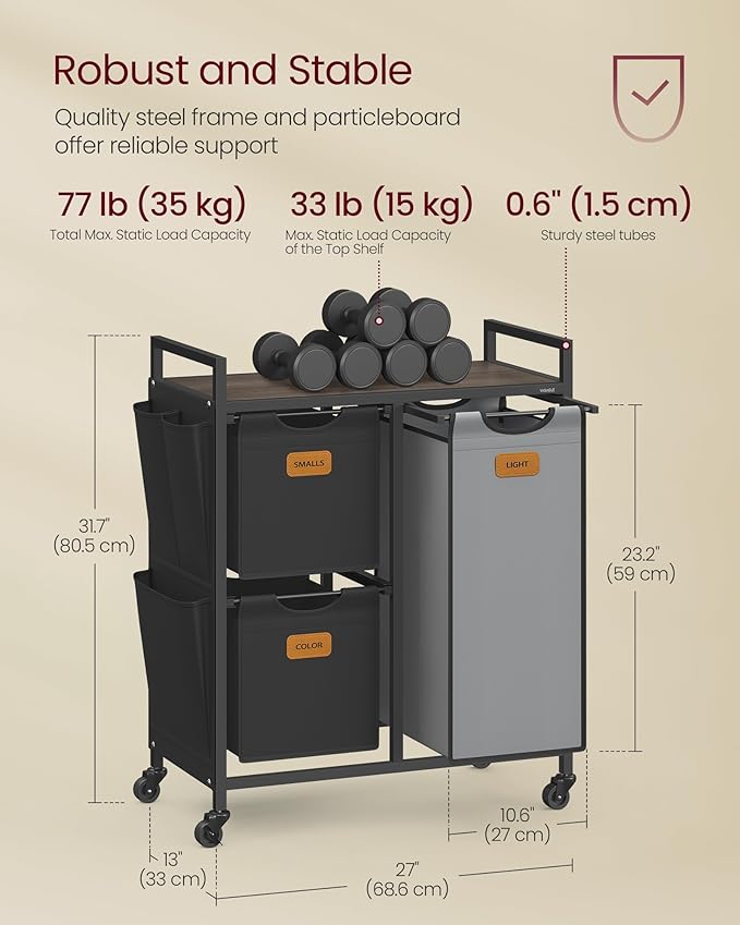 VASAGLE Laundry Hamper with 3 Compartments, 26.4 Gal. (100 L) Laundry Sorter, Rolling Laundry Cart with Shelves, Small Side Pockets, 6 Labels, Chestnut Brown, Ink Black and Dove Gray UBLH202B01