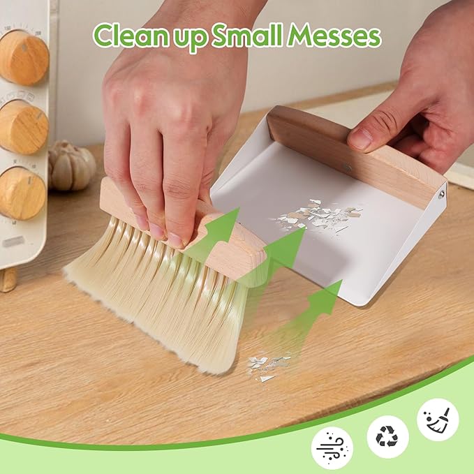 Small Dustpan and Brush Set with Wood Handle,Portable Hand Broom and Metal Dustpan Set, Wooden Mini Brush with Dustpan Set for Home Kitchen Office Desktop,Pet Dog Hair,Camping