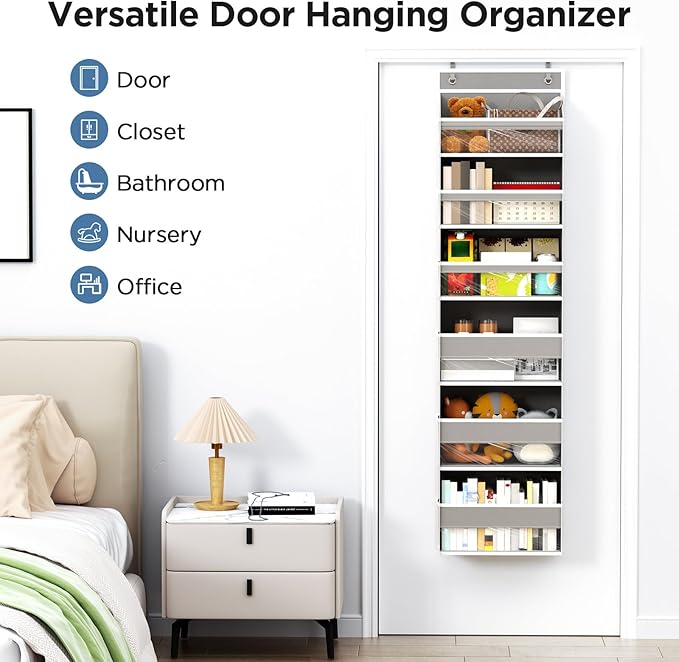 Mefirt Over The Door Organizer, 6 Shelf Door Hanging Organizers with 6 Large Capacity Pockets, Behind Door Storage Hanging Shelves for Closet Wall Bathroom Bedroom Nursery