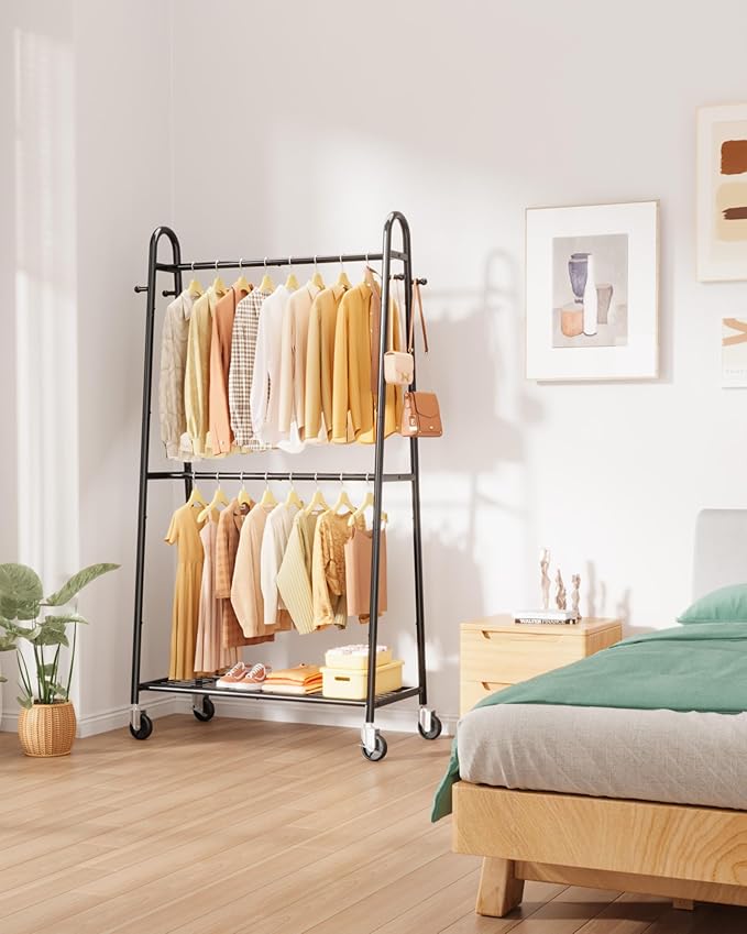 Sakugi Heavy Duty Clothes Rack, Metal Clothing Rack with Double Hanging Rods, 4 Hooks & Mesh Shelf, Freestanding Garment Rack with Triangular Design for Bedroom Closet, 36.5" x 16.9" x 72.8", Black