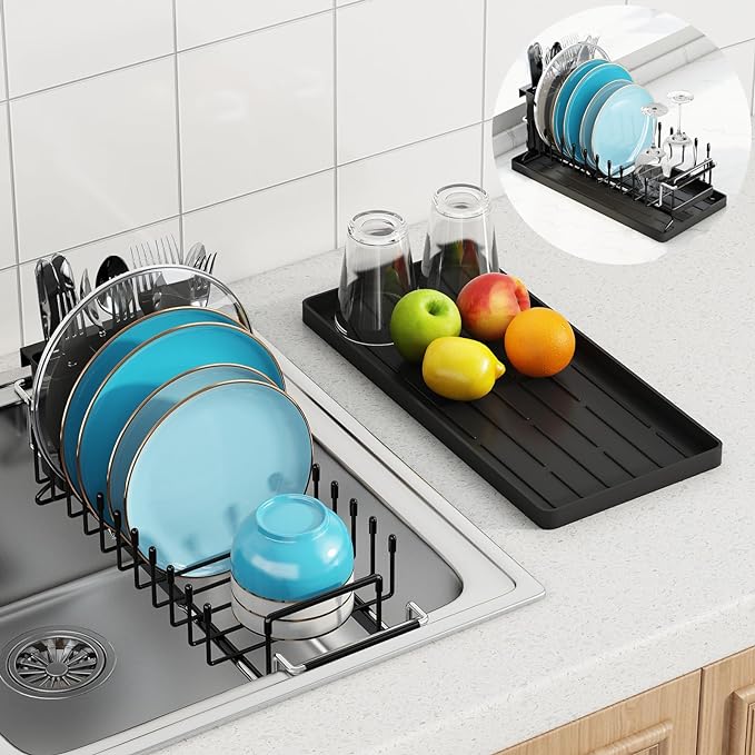 ANTOPY Sink Dish Drying Rack - Expandable Small Dish Rack Over Sinks with Silicone Drying Tray, Dish Drainer for Kitchen Counter with Cutlery Holder, Drying Rack Fit for 14’’-19’’ Kitchen Sink