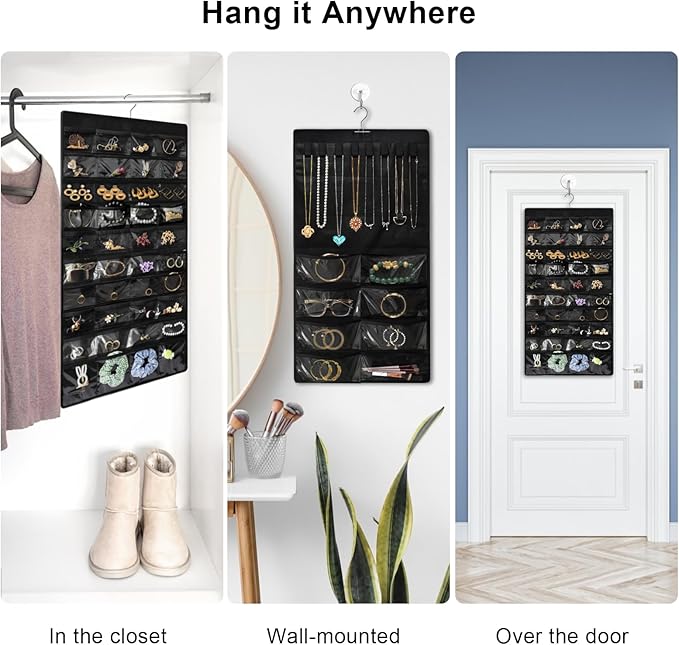 Hanging Jewelry Organizer for Closet, Double-Sided 48 Pockets & 8 Necklaces Holder Jewelry Hanging Organizer to Store Earrings, Necklaces, Bracelets, Rings