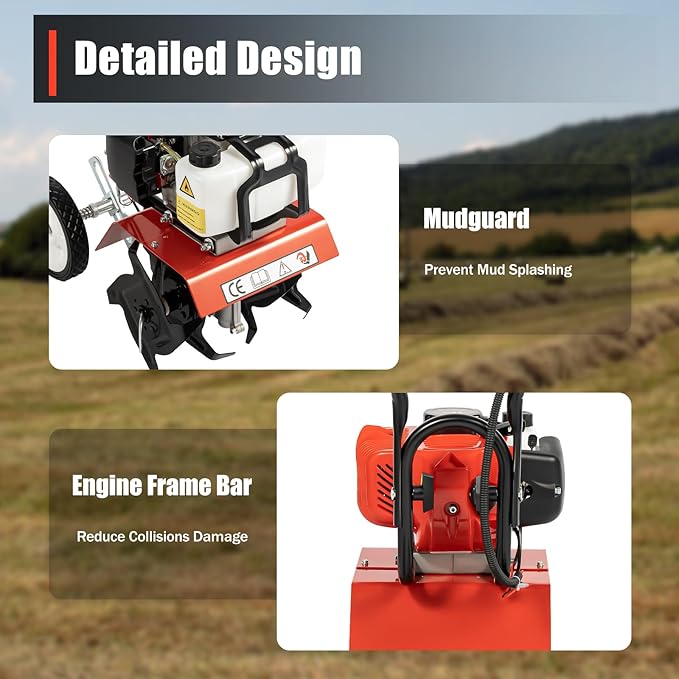 Garden Tiller Cultivator,2-Stroke 52CC Gas Powered Engine Rototiller Garden Tool with Widened Mud Flap Cordless with Long Handle Strong Power Garden Cultivator for Plowing Turning Soil Ditching