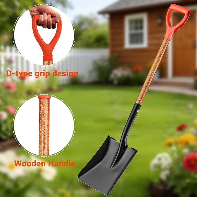 41" Square Shovel, Hardwood Handle, D-Grip, Garden Spading Tool,Flat Shovel for Construction, Landscaping, Gardening