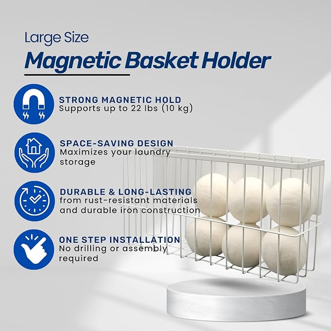 6 XL Wool Dryer Balls & Magnetic Dryer Ball Holder - Natural Fabric Softener, Reusable, Reduces Clothing Wrinkles and Saves Drying Time - Dryer Ball Container for Laundry Room Storage (XXL Size)