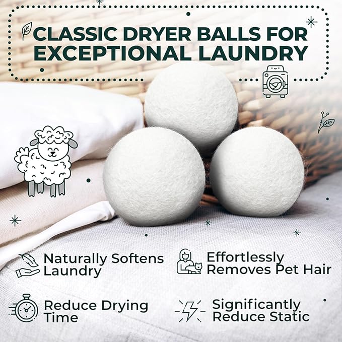 No More Dryer Sheets! XL Wool Dryer Balls 6-Pack, Reusable Laundry Softener & Static Reducer, Eco-Friendly, Long-Lasting, Safe for Sensitive Skin