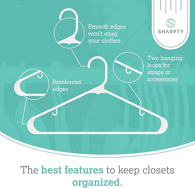 Sharpty Plastic Hangers Clothes Hangers for Clothing, Closet, Coats & Shirts - Durable & Space Saving - for Everyday Standard Use, Room Essentials & Basics - 20 Pack - White