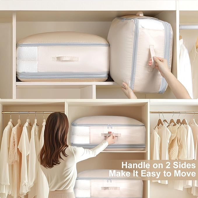 Comforter Storage Bag - Large Capacity Blanket Storage Bags 3-Layer Ultra Space Saving Self Compression Organizer, Washable Compression Bags for Storage Comforter Blanket, 1-Pack, Beige