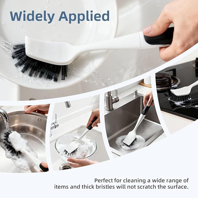 Dish Scrub Brush, 2 Pack Stiff Bristles Cleaning Scrubber Brushes with Non Slip Handle Built-in Scraper, Kitchen Dish Brushes for Cleaning Pans, Pots, Stoves, Sink