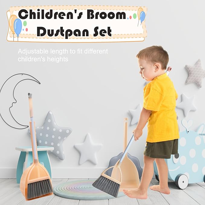 Mini Broom with Dustpan for Kids,Little Housekeeping Helper Set (White+Sky Blue)