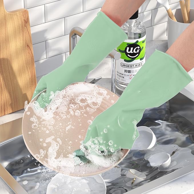 Rubber Kitchen Dishwashing Gloves - 3 Pairs Colorful Reusable Household Cleaning Gloves For Washing Dishes And Cleaning Tasks，Flexible And Durable Waterproof (Medium, Dark Green+Green+Gray)