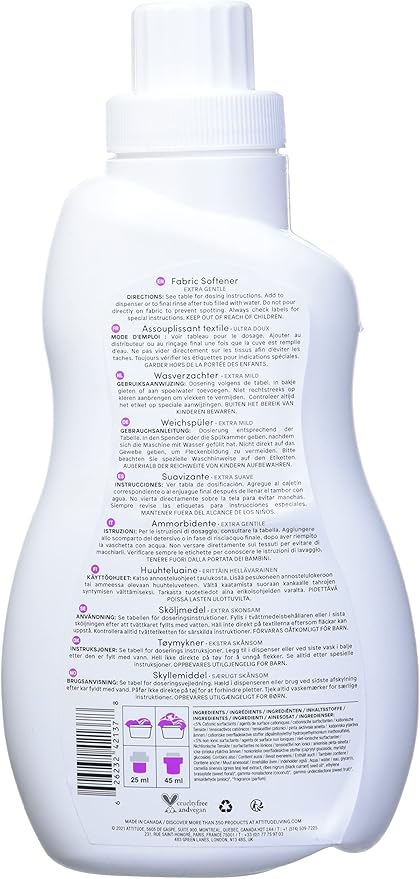 ATTITUDE Baby Fabric Softener, Hypoallergenic, Non-toxic, ECOLOGO Certified, Fluid Ounce, 40 Loads 33.8 Fl Oz Sweet Lullaby (42137) (Pack of 2)