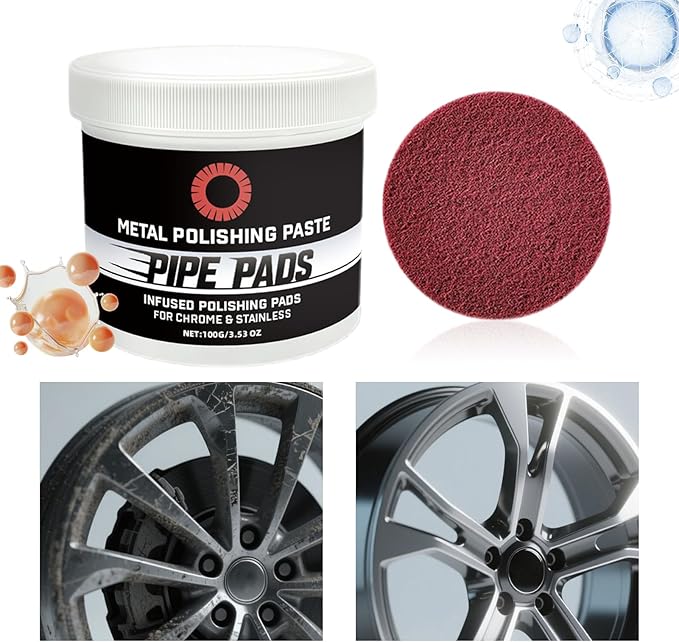 Metal Polishing Care Kit, Metal pol ish Paste Protectant Scratch Remover, Pipe Dream Infused Polishing Pads, Chrome pol ish Compound, Protective Coating Formula, For Pipes, Stacks, Exhausts, Wheels