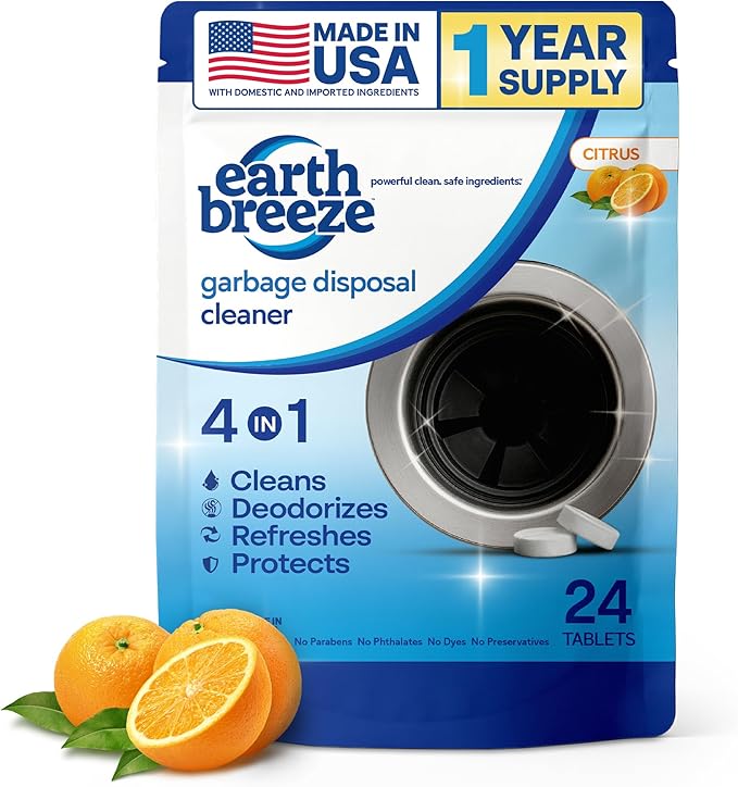 Earth Breeze Garbage Disposal Cleaner Tablets – 4-in-1 Citrus Scented Tablets that Clean, Deodorize, Refresh & Protect – Powerful Cleaning Action for Sink & Disposal – No Harsh Chemicals - Made in USA
