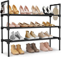 LANTEFUL 3 Tier Shoe Rack for Closet, Shoe Organizer with 5 Hooks, Long Shoe Shelf Storage for Sneaker and Boot Stackable Free Standing Shoe Rack for Entryway, Garage, Small Spaces, Dorm