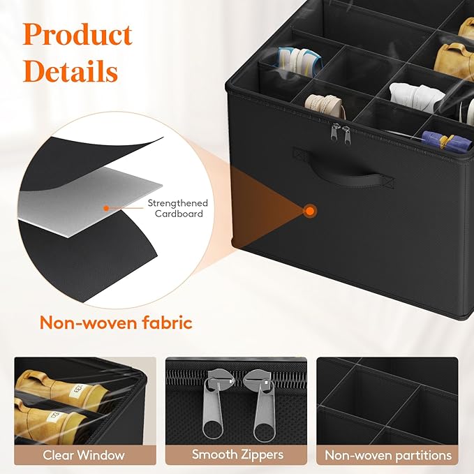Lifewit Shoe Storage Organizer for Closet, Fabric Large Shoe Box Storage Containers with Clear Cover, Foldable Bins for Boots Heels Sneakers Fits 36-48 Pairs (Each 12-16 Pairs) 3 Pack Black