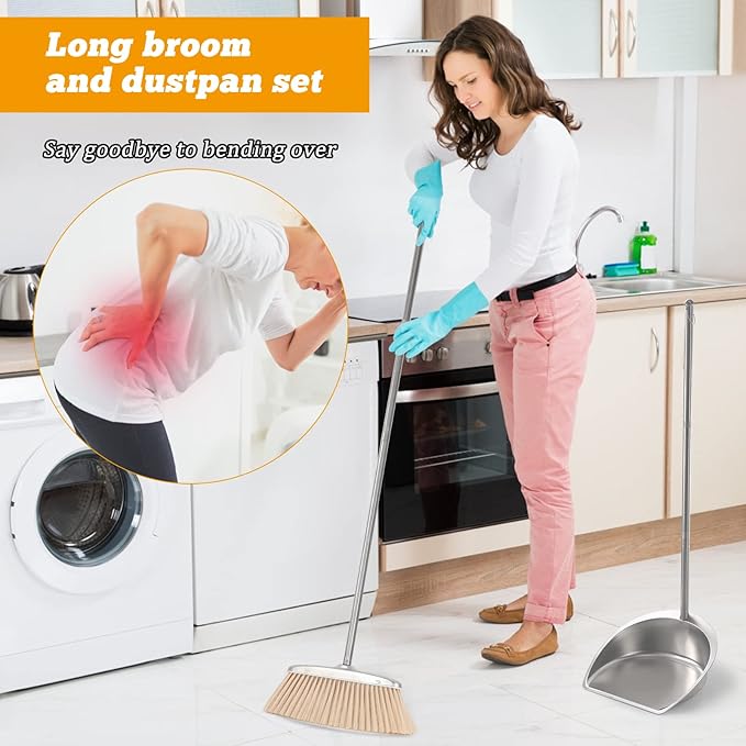 Broom and Dustpan Set with Long Handle, Heavy Duty Broom with Dustpan Combo Set, Windproof Upright Stainless Steel Dust Pan with Kitchen Brooms for Home Office Lobby Indoor Outdoor Use, Khaki