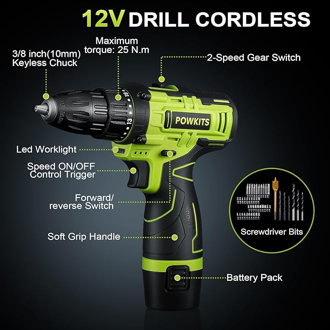 Cordless Drill Tool Set: 12V Power Drill Tool Kit with Battery & Charger, Portable Household Basic Drills Case for Men & Women, Homeowner, Diyer, Handyman, 142 Piece