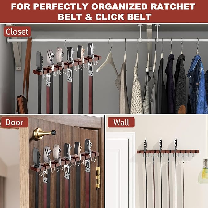 Cuipingoo Belt Hanger for Closet Max 42 Belts, 2-in-1 Wall Mount Belt Organizer with 360° Rotating Hooks, Wooden Tie and Belt Rack for Closet Accessories Organizers and Storage, Walnut Wood