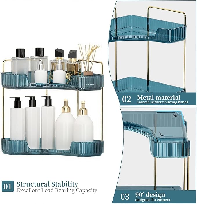 INVSSENE Corner Bathroom Countertop Organizer, Vanity Organizer Trays for Counter, Makeup Organizers, Perfume Tray, Skincare Shelf Storage Gifts for Women Girl Student (Blue, 2 Tiers)