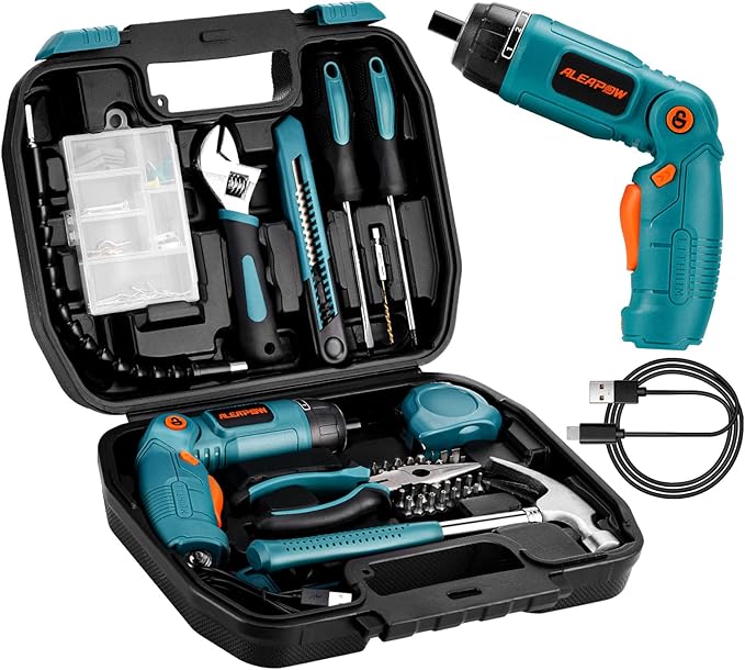 ALEAPOW 124PCS 4V Cordless Screwdriver Tool Kit Set, 6+1 Torque Setting, Adjustable 3 Position, 4Nm Electric Screwdriver, Flexible Shaft, Hand Tool Kit for Home with Storage Toolbox