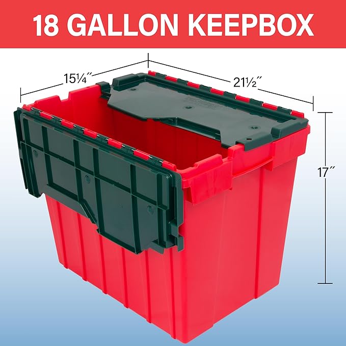 Akro-Mils KeepBox 18 Gallon Storage Container, Nesting and Stackable Plastic Storage Box with Lid Attached, Organizer Tote for Garages, Closets, and Moving, 21" x 15" x 17", Red/Green