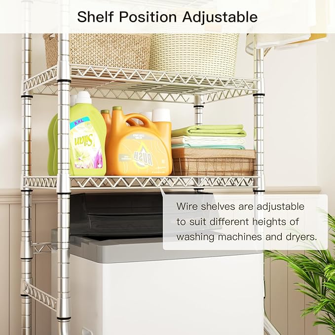 Ulif U11 Mini Over Washer and Dryer Shelves, 3 Tiers Laundry Room Storage and Organizer Standing Shelf, Metal Freestanding Clothes Drying Rack, 28.3" W x 19.7" D x 77.6" H, Chrome