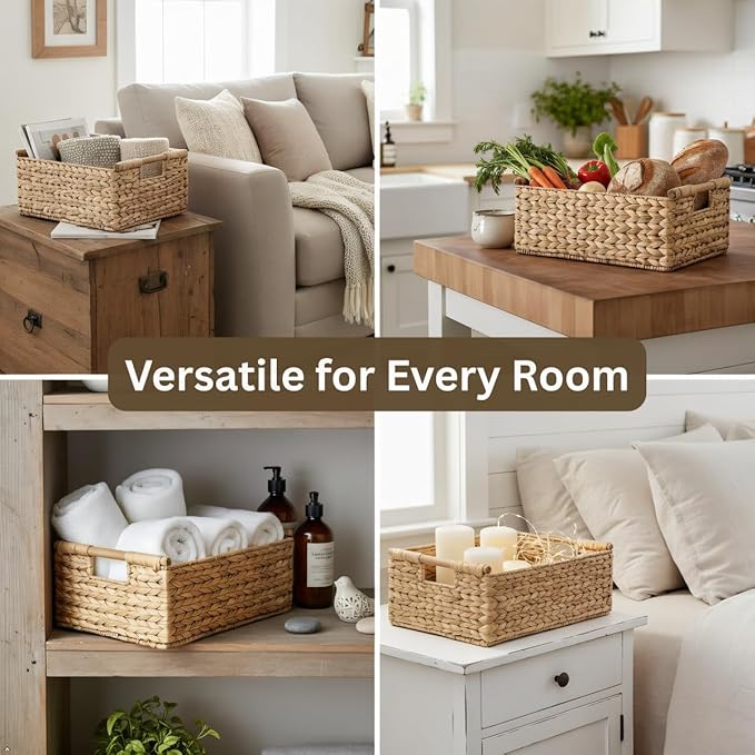 Large Rectangular Wicker Basket - Premium Water Hyacinth Storage Basket with Built-in Wooden Handles for Home Organization, Shelf Organizer, Decorative Natural Handwoven Basket 15.5x10.8x6.2"