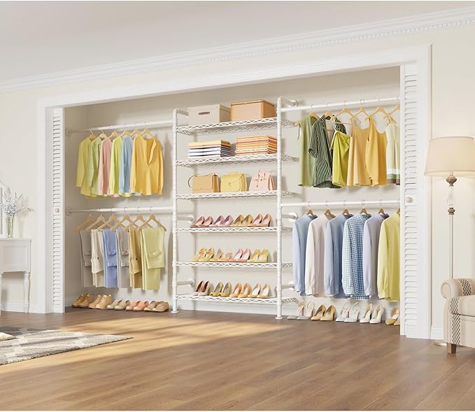 Timate S3X PLUS Closet System, Expandable Wall Mounted Closet with 6 Adjustable Shelves & 4 Expandable Hanger Rods, Industrial Pipe Clothing Rack for Hanging Clothes, Fits Spaces 6'11"- 9'10", White