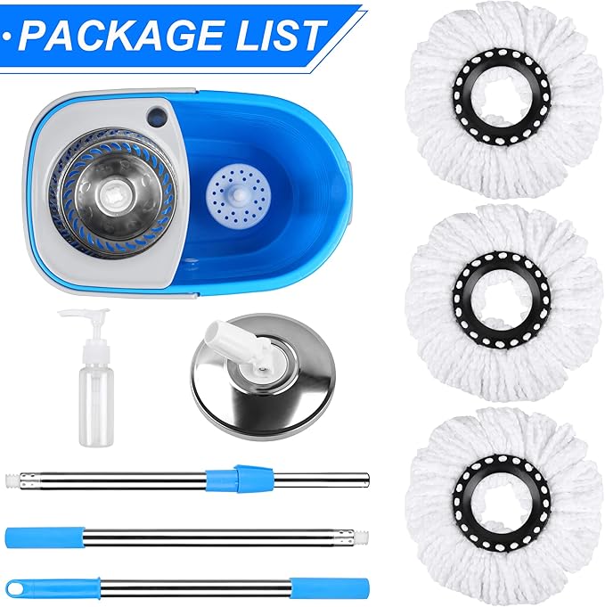 Spin Mop & Bucket, 360 Spinning Mop Bucket Kit, Stainless Steel Bucket Wringer Set, Plus 3 Replacement Head Refills, 360 Spinning Mopping System, 61" Extended Handle for Floor Cleaning (Blue)