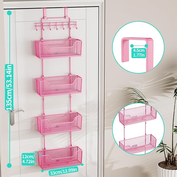 HapiRm Over Door Organizer Storage - Hanging Door Organizer with 4 Metal Large Capacity Baskets and Adjustable Coat Hook for Bathroom Bedroom Kitchen Pantry Closet Cabinet
