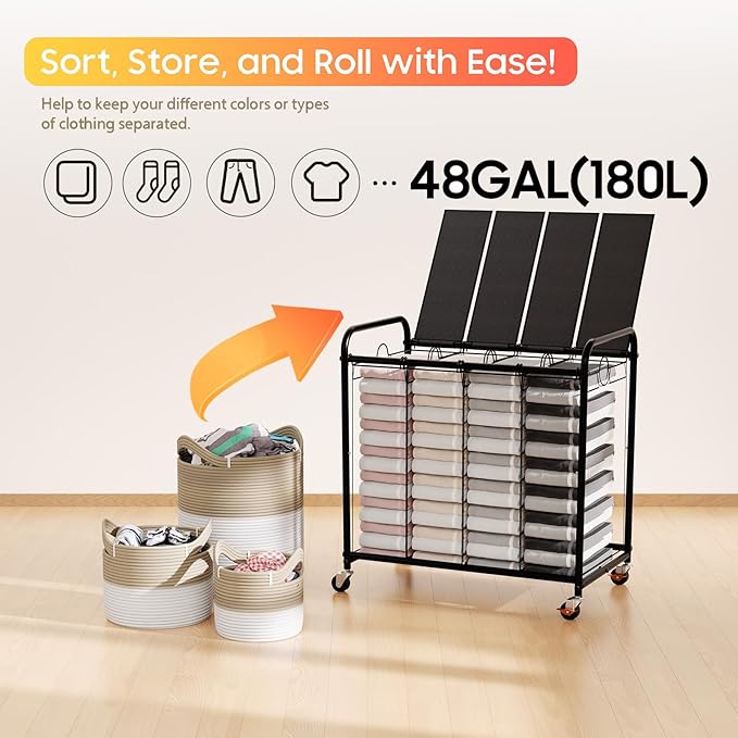 Laundry Sorter 4 Sections 48 Gal, Rolling Laundry Basket with Lockable Wheels and Lid, Laundry Hamper with 4 Separated Removable Bags Dirty Clothes Hamper for Laundry Room Organizer, Black