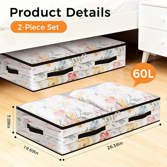 2 Pack Under Bed Storage Bags, 60L Foldable Clear Storage Containers with Handles, Dual Zippers for Comforter, Clothes, Bedding, Linen Sheets, Sweaters, Blanket Storage