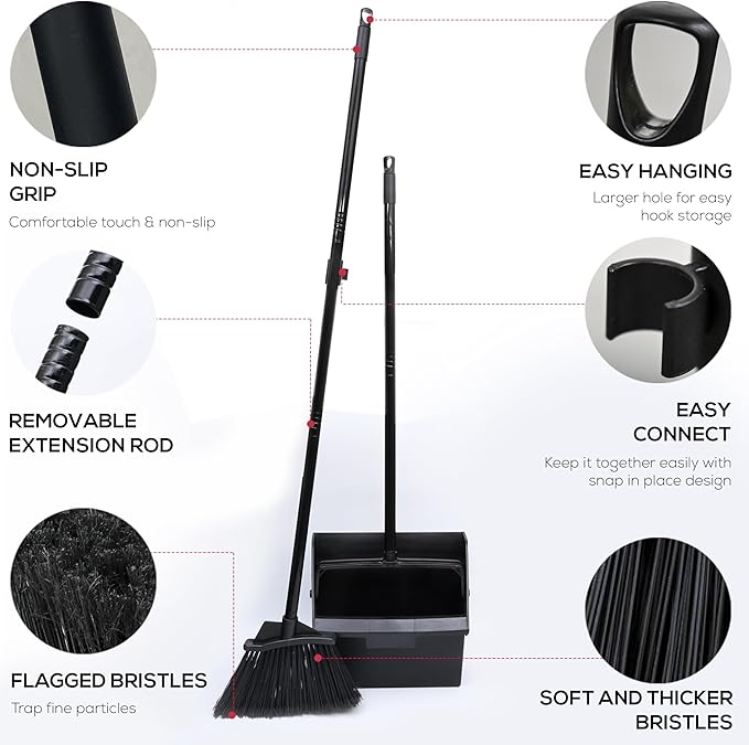 KLEEN HANDLER 48.5" Broom with Dustpan Combo Set with Long Handle for Home, Kitchen, Office, Lobby, Indoor/Outdoor Sweeping & Commercial Use, Black (1 Set)