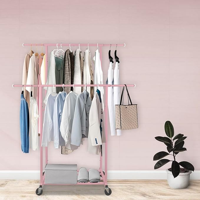 Fishat Portable Pink Double Rods Garment Clothes Rack for Drying with Rolling Clothes Organizer on Lockable Wheels Mobile for Girls Women, 48"W x 15"D x 67"H, Metal Simple Hanging Clothes with 2 Hook