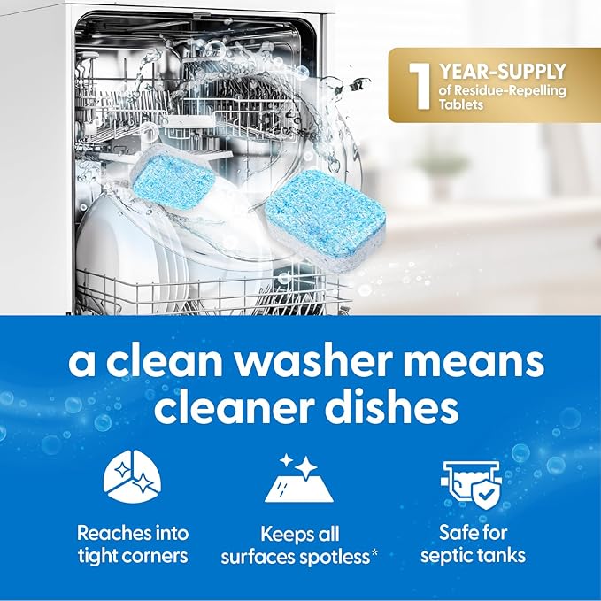Dishwasher Cleaner & Deodorizer Tablets, Fights Grime, Grease, Limescale, Residue & Odor, Heavy Duty Cleaning Descaler Pods, Septic Safe, 24 Fresh Apple Scented Tablets, 1-Year Supply, by M3