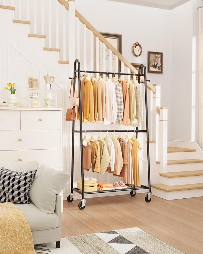 Sakugi Heavy Duty Clothes Rack, Metal Clothing Rack with Double Hanging Rods, 4 Hooks & Mesh Shelf, Freestanding Garment Rack with Triangular Design for Bedroom Closet, 36.5" x 16.9" x 72.8", Black