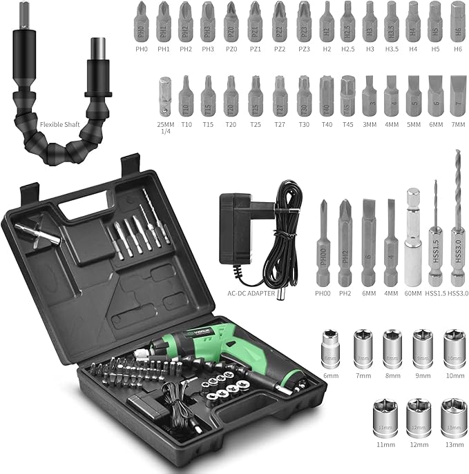 VIGRUE Cordless Screwdriver, Rechargeable Electric Screwdriver with LED Light, Flexible Shaft