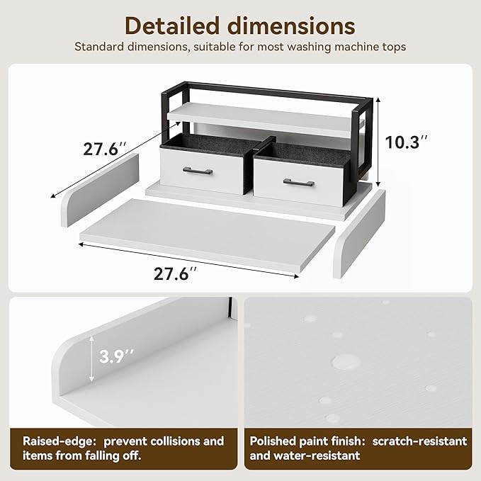 2-Tier Washer Dryer Countertop, Washing Machine Countertwith Shelf and 2 Drawers, Washer and Dryer Topper with High Guardrails, Smooth Edges, for Laundry Hamper Counter Storage Organization