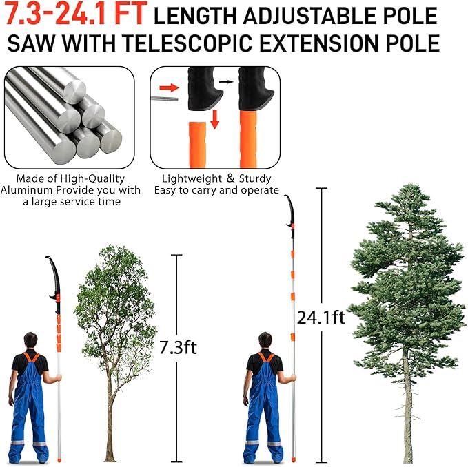 Outvita 7-24FT Telescoping Pruning Pole for Tree Trimming, Aluminum Manual Pole Saws for Tree Trimmer with Telescopic Extension Pole 1 Scissors 2 Blade
