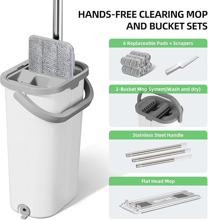 Mop and Bucket with Wringer Set: Wet Dry Separation System for Easy Floor Cleaning Rebound Head for Bathroom & Living Room Gift for Women