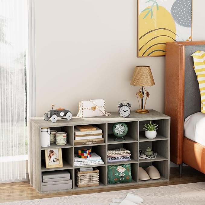 Garden 4 you Shoe Storage Bench, Cubby Shoe Rack with 12 Cubbies, 3-Tier Wood Shoe Rack Organizer, Shoe Organizer Cabinet for Entryway, Hallway, Closet and Garage, Grey