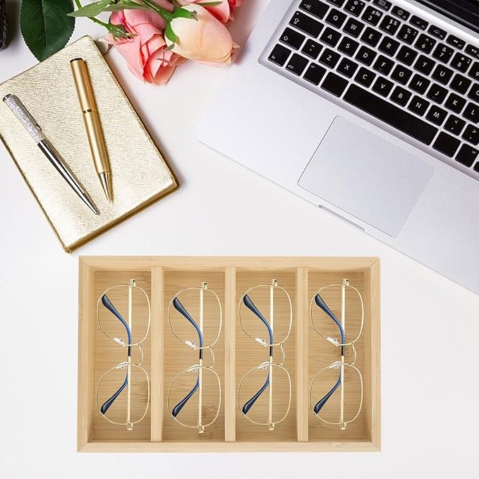 CALLARON Sunglasses Organizer Tray 4-Grid Eyewear Storage Display with Wear-Resistant Compartments for Glasses Holder at Home and Office