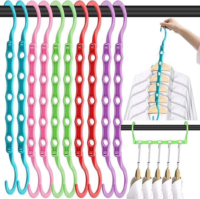 DUCOO Space Saving Hangers 10 Pack, Heavy Duty Magic Cascading Hanger Organizer with 5 Enclosed Anti-Slip Holes, Closet Organizers and Storage for Clothes, College Dorm Room Essentials, Multicolor
