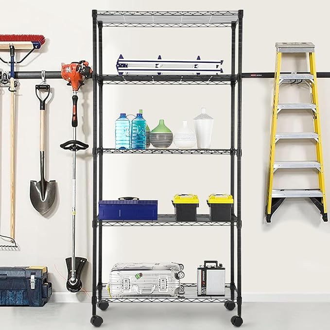 BestOffice 14"x30"x60" Commercial Storage Shelves Heavy Duty Shelving 5 Tier Layer Wire Shelving Unit with Wheels Metal Wire Shelf Standing Garage Shelves Storage Rack,Adjustable NSF Certified(Black)