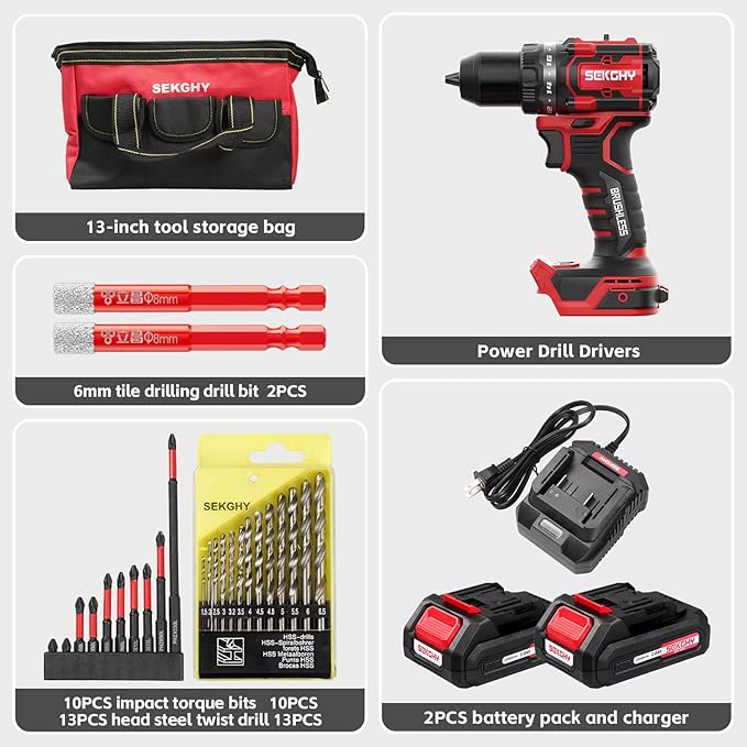 20V Power Drill Drivers, 70N.m,cordless drill with battery and charger, Masonry & Tile Drill Bits, for Home DIY, Construction, Repair power tools