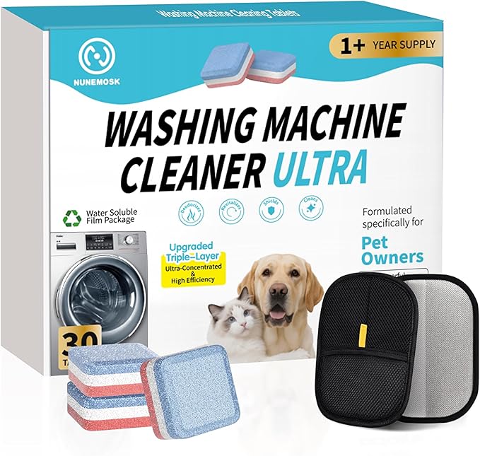 2-in-1 Pet Hair Removal Kit, Washing Machine Cleaner Tablets & Reusable Pet Hair Removal Glove for Cats and Dogs, Remove Stubborn Pet Hair | Complete Solution for Pet Owners