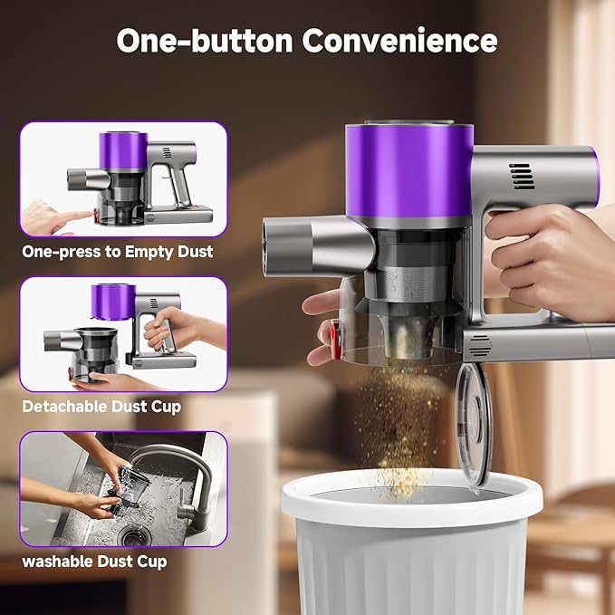 Clinkal Cordless Stick Vacuum Cleaner, 38Kpa Powerful Suction Vacuum Cleaner with LED Headlight, Detachable Battery, 8-in-1 Lightweight Handheld Vacuums for Pet Hair Carpet and Hardwood Floor, Purple