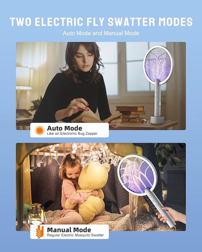 Electric Fly Swatter Racket, Mosiller 2 in 1 Bug Zapper with Type-C Rechargeable Base, 4000V Mosquito Killer with 3-Layer Safety Mesh for Pest Insect Control for Indoor、Office、Camping(Grey-1 Pack)